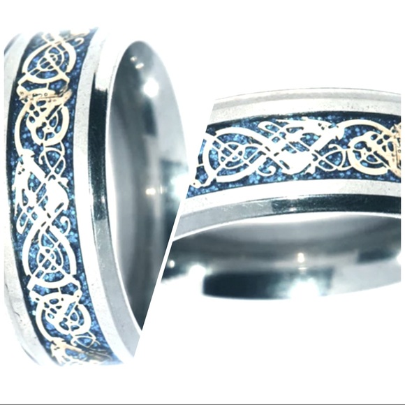 Dragon Tribal Silver Design With Blue Background Silver Band And Beveled Edge - Picture 4 of 5
